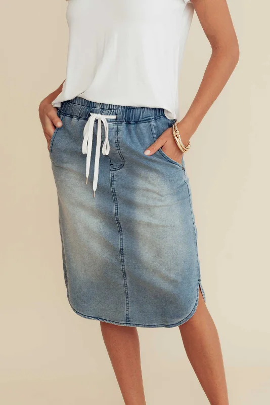 Alina Blue Denim Drawstring Skirt chiffon skirt flowing