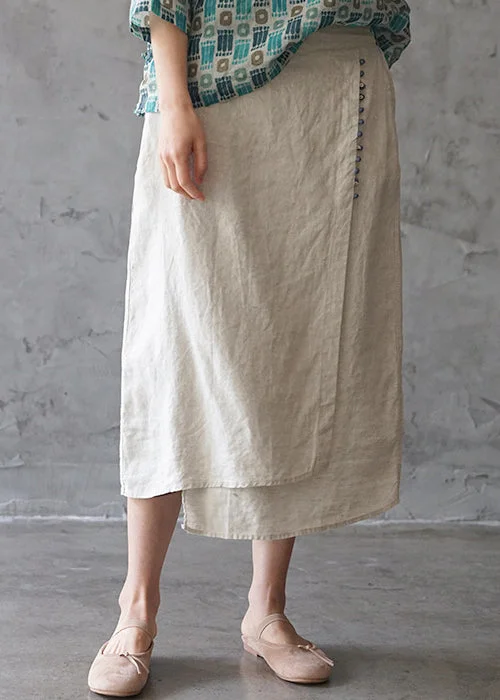 Fine Beige elastic waist asymmetrical design pocket Linen Skirts Spring chiffon skirt airy