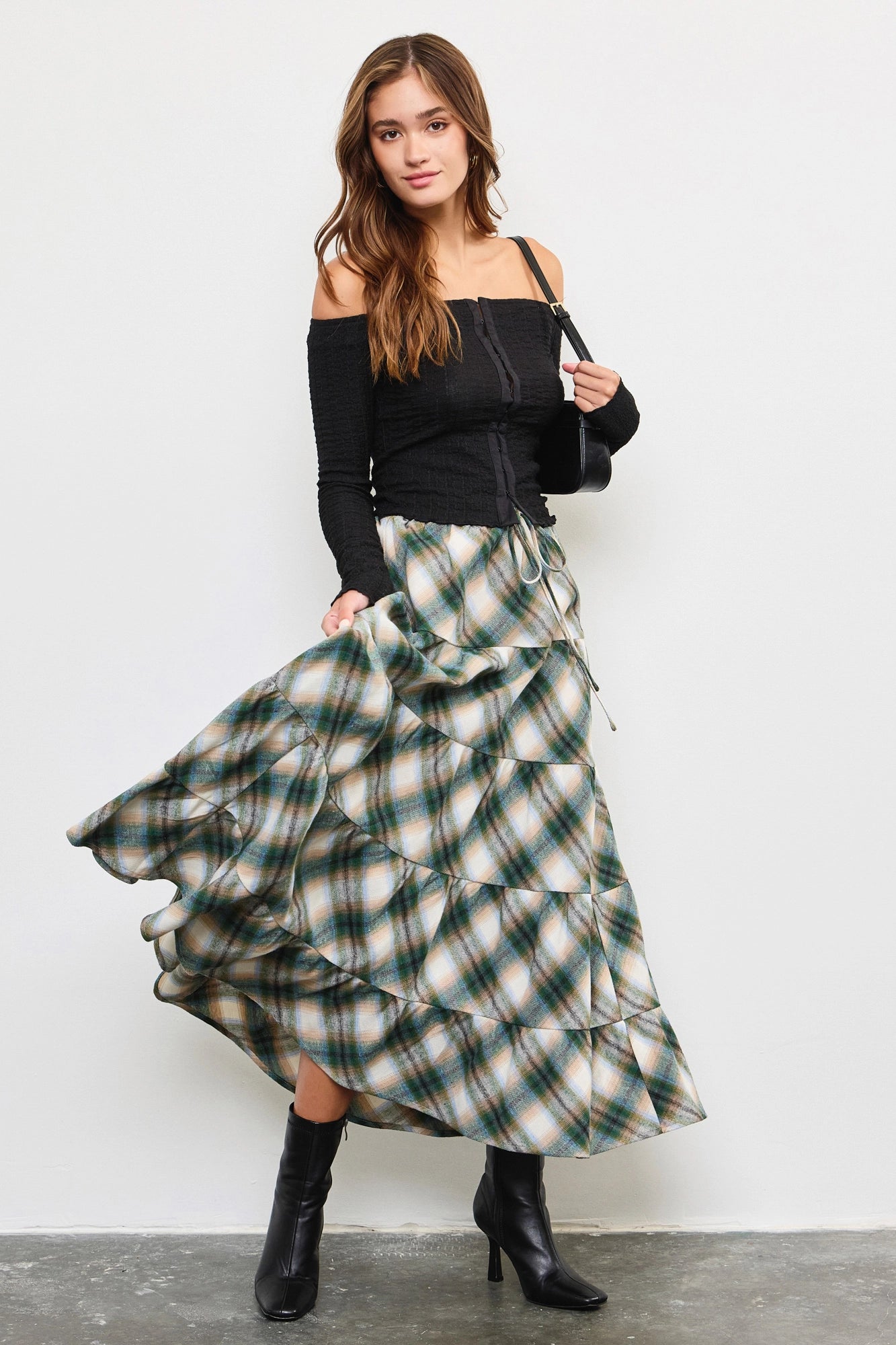 Flannel Plaid Tiered Hem Maxi Skirt wool skirt sturdy